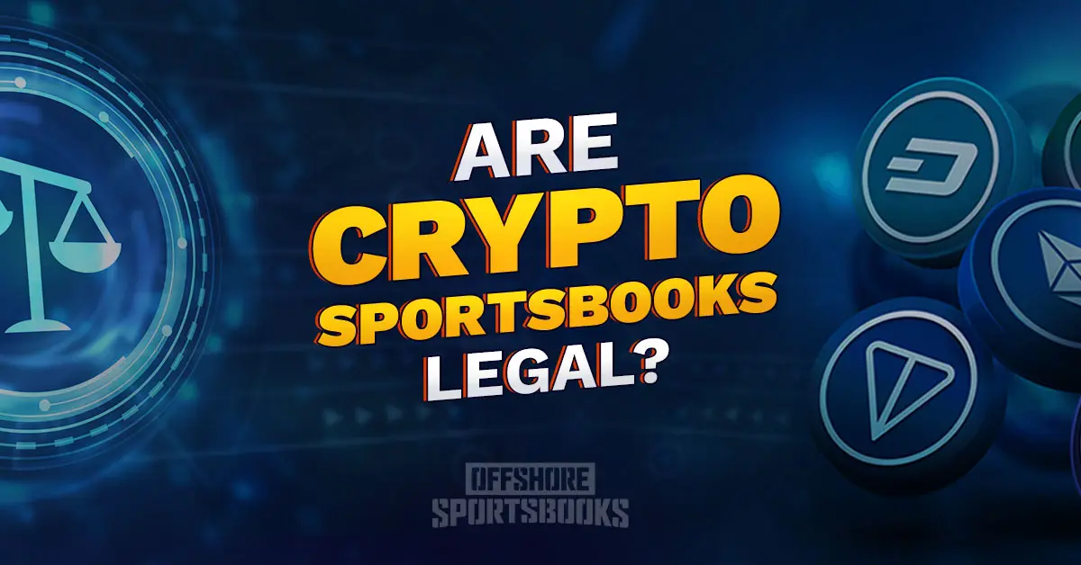 Crypto legality graphic with a scale icon and digital coins representing betting laws.