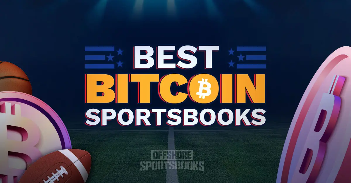 Best Bitcoin Sportsbooks graphic with football field and glowing crypto symbols.