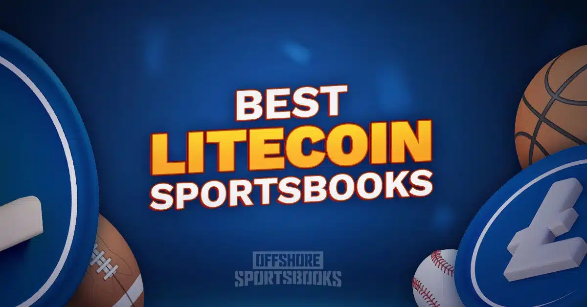 Best Litecoin sportsbooks graphic with sports icons and LTC coins, highlighting fast, low-fee crypto betting options.
