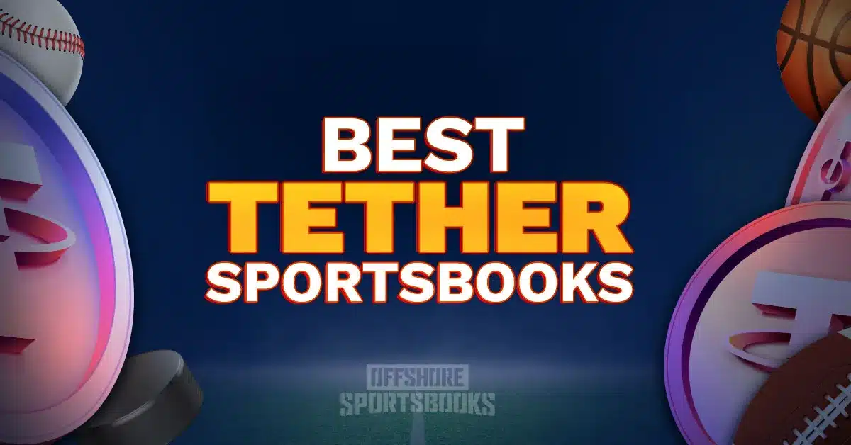 Best Tether sportsbooks banner with sports balls and USDT coin icons, promoting stablecoin betting options.
