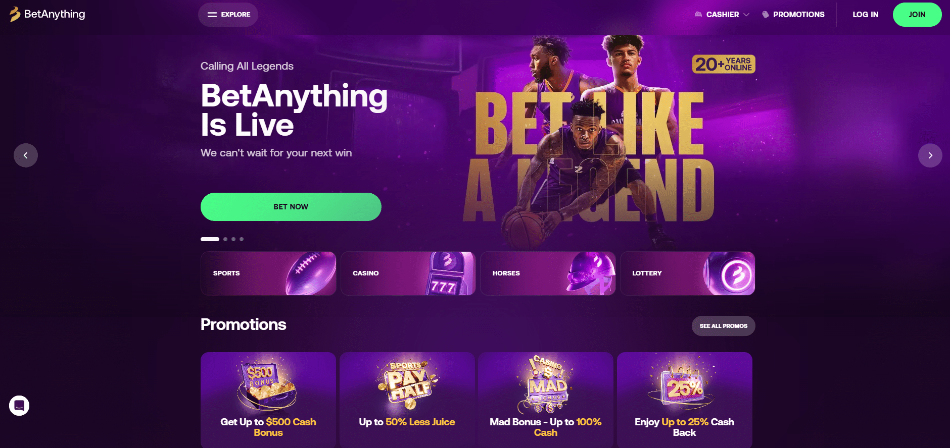 A screenshot of BetAnything's home page, with a purple background and promos featured 
