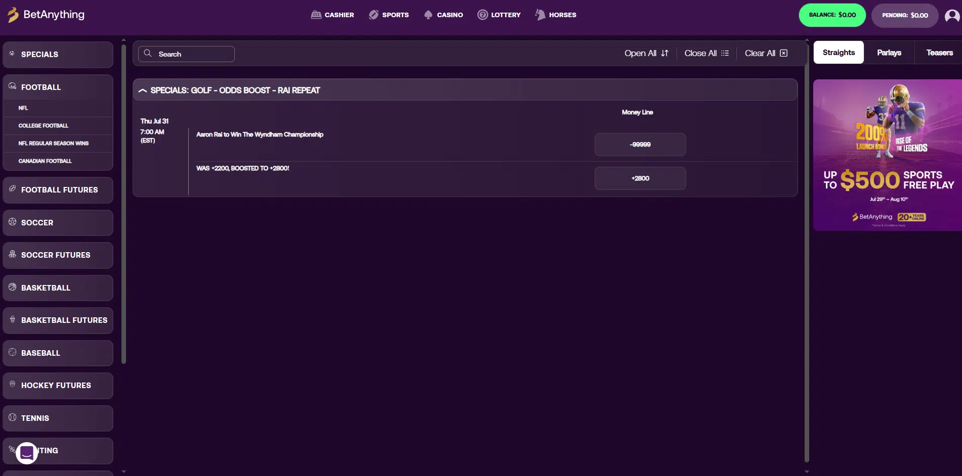 A screenshot of the BetAnything odds page, with a pruple background and featuring some golf odds
