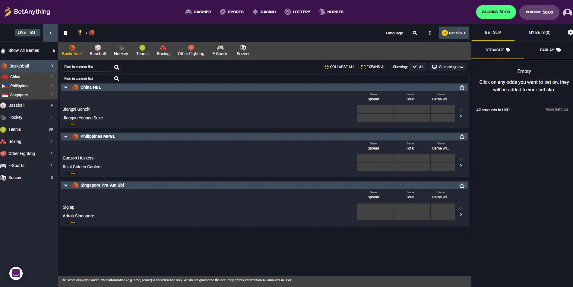 A screenshot of Betanything's Live betting page, with a purple background displaying multiple live betting markets, including basketball 