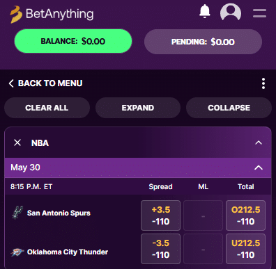 A screenshot of the NBA betting site BetAnything's sportsbook UI and odds for a basketball game.