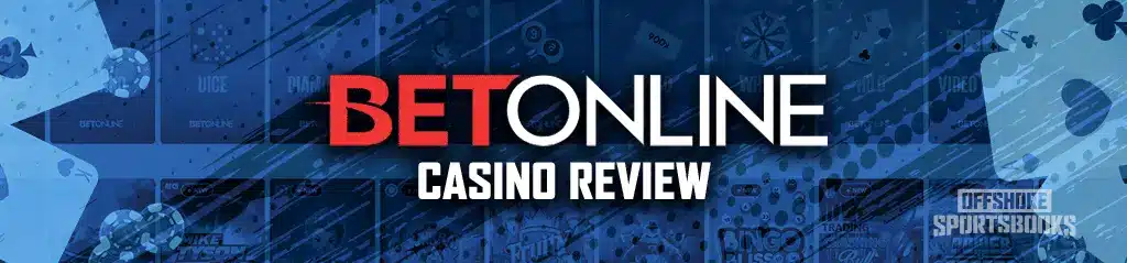 Image of Betonline casino review, with playing cards and poker chips on the left and right of the image. In the background you can see images of slots games available at Betonline.