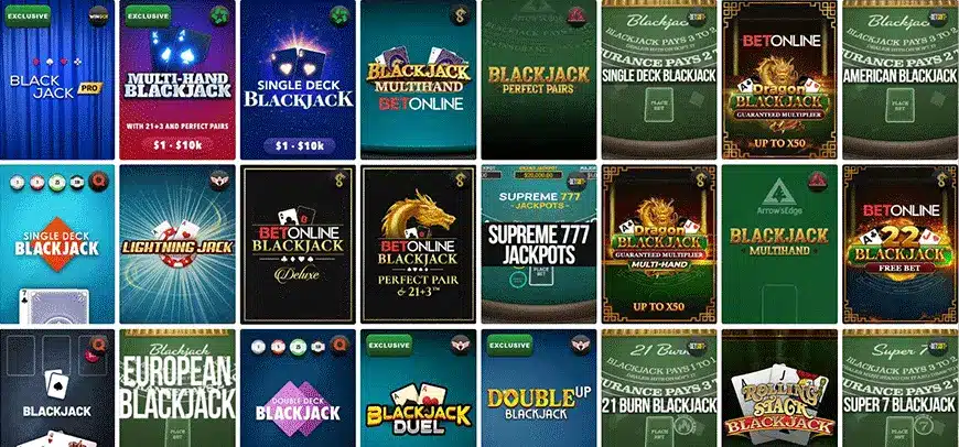 A screenshot of BetOnline Casino's Blackjack page. Showing the games on offer, and the thumbnails for each.