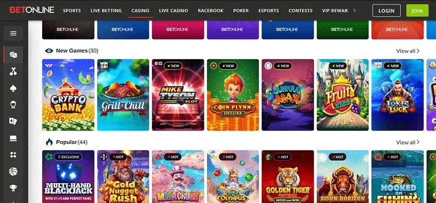 A screenshot of BetOnline Casino's desktop page, demonstrating their wide selection of casino games.