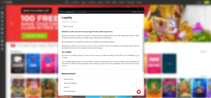 Image of legality terms and conditions at BetOnline.