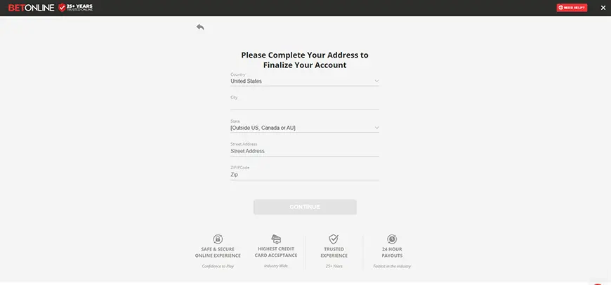 A screenshot of BetOnline's withdrawal process, requesting an address on a gray background for the first withdrawal from the account.