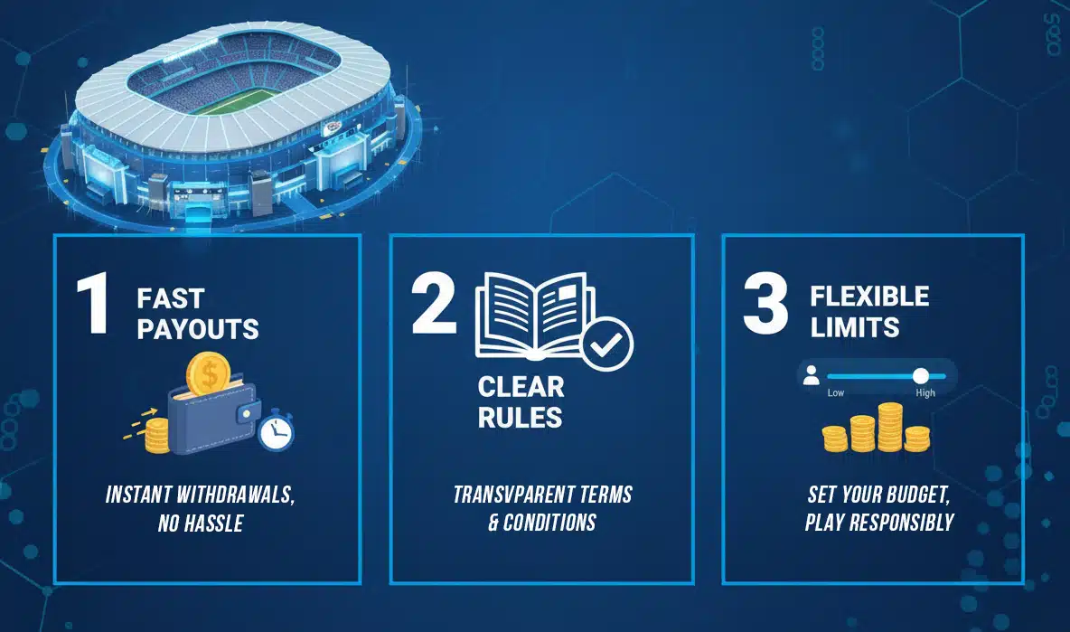 Blue promotional graphic featuring a modern sports stadium and three highlighted benefits: 1) Fast payouts with a wallet and coins icon, 2) Clear rules shown with an open book and checkmark, and 3) Flexible limits illustrated by a budget slider and stacked coins.