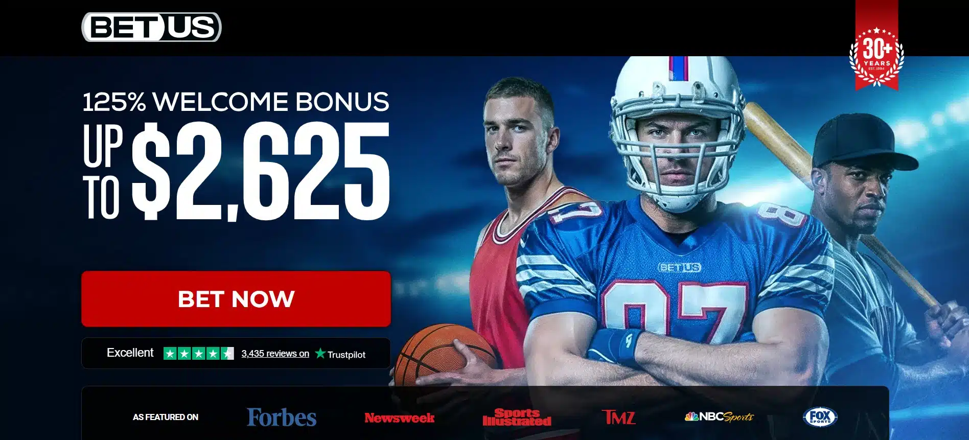 BetUS sports betting banner with 125% welcome bonus up to $2,625