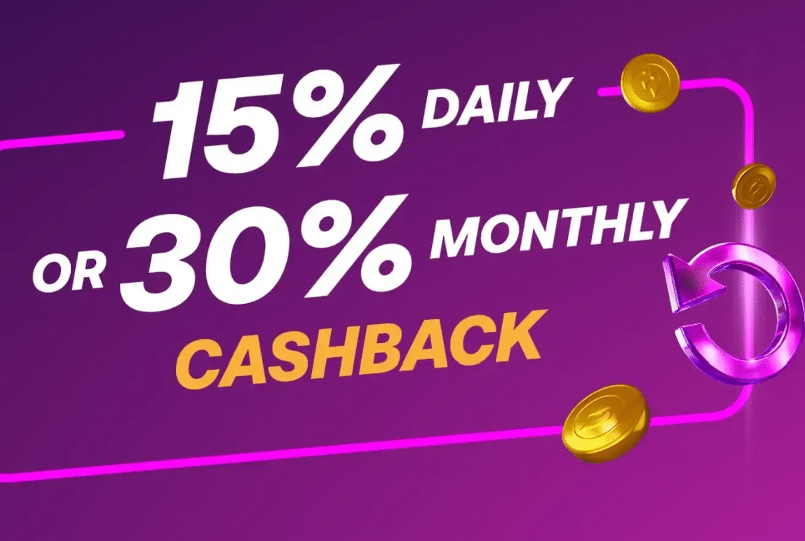 A purple banner of the BetAnything bonus campaign: Cash Back – up to 30%