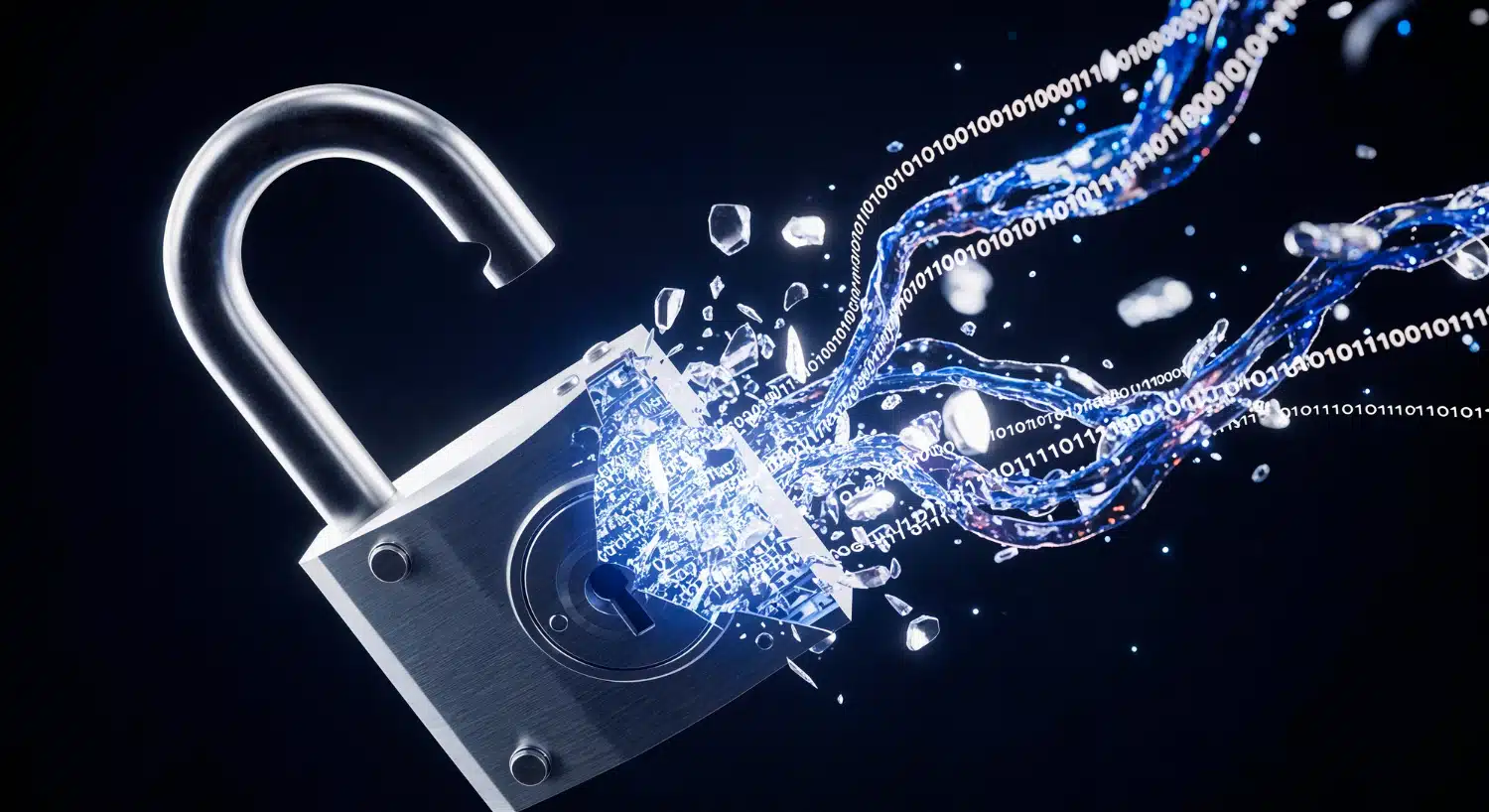 Black graphic of a padlock with codes coming out of the lock