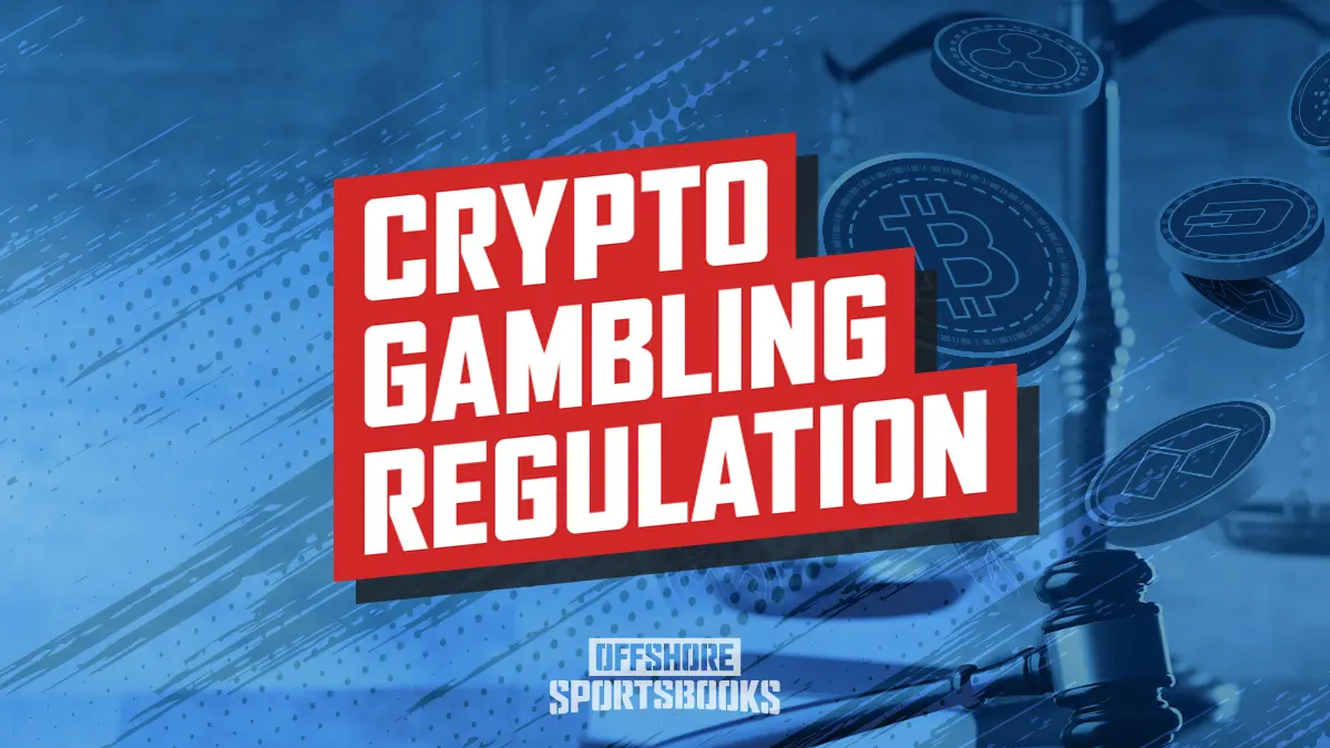 Crypto Gambling Regulation graphic showing a legal hammer and scales with crypto coins above them, symbolizing the future of regulation and laws for crypto.