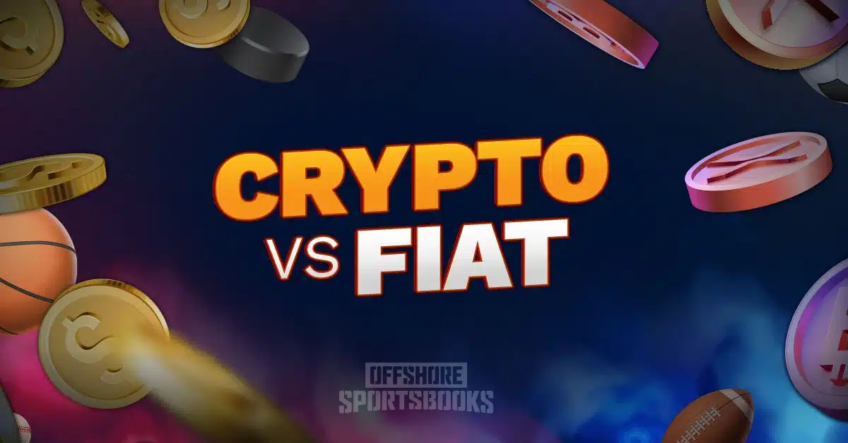 Illustration comparing crypto and fiat betting with digital coins and sports icons.