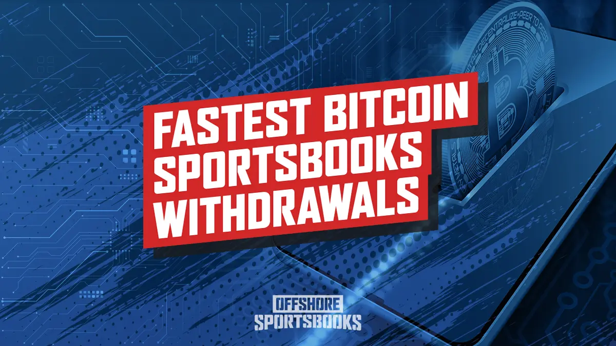 Fastest Bitcoin sportsbook withdrawals graphic with a glowing BTC coin entering a smartphone, symbolizing quick crypto payouts.