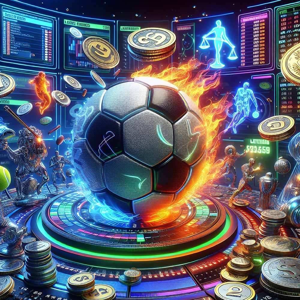 Futuristic football betting scene with glowing ball, coins, stats screens, and digital sports figures
