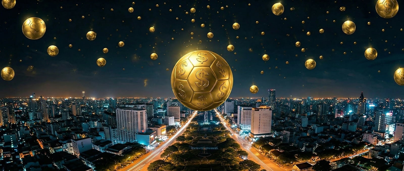 Golden soccer balls floating over a brightly lit city skyline at night, surreal scene
