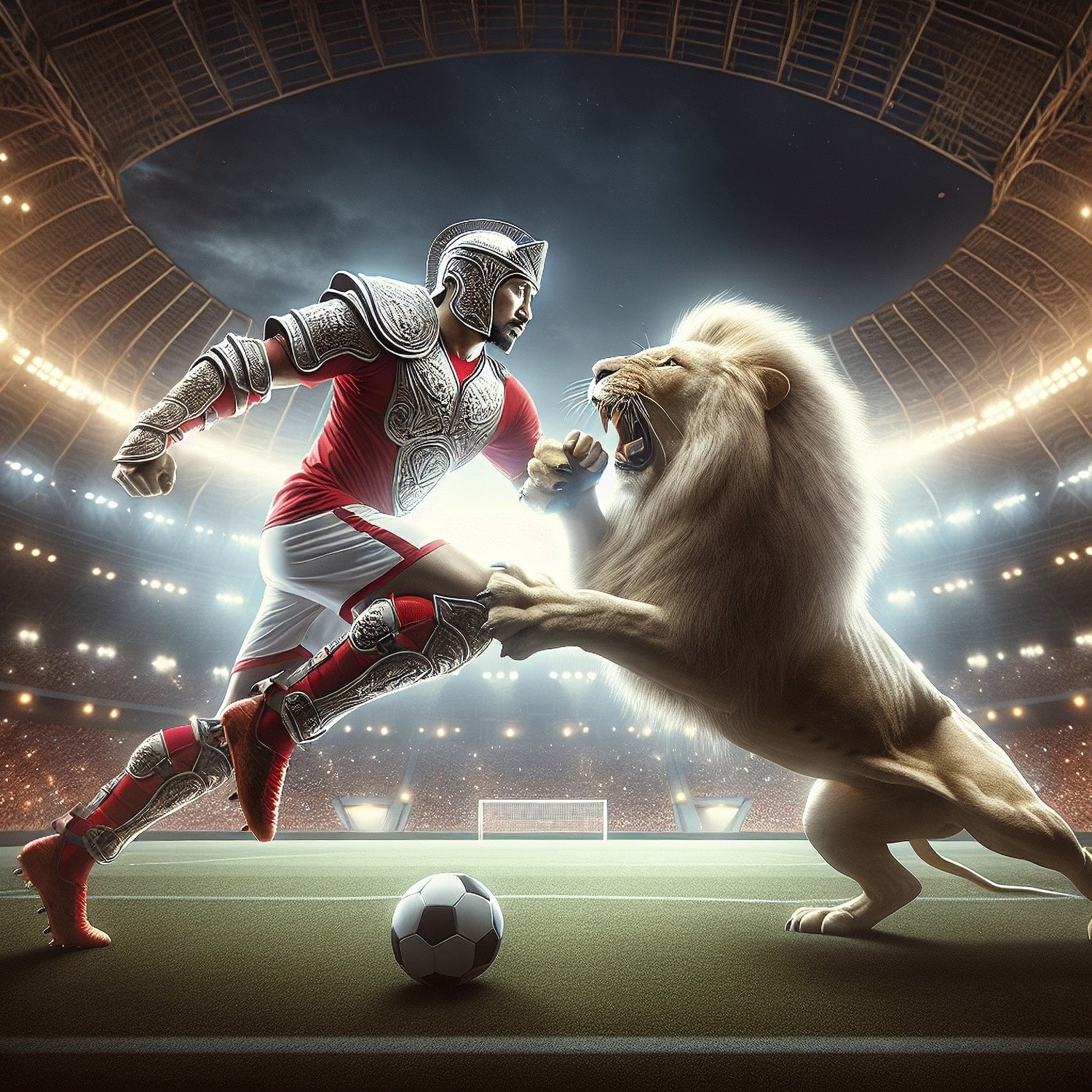 An armoured soccer player leaps toward a roaring lion on a stadium field, a dramatic scene