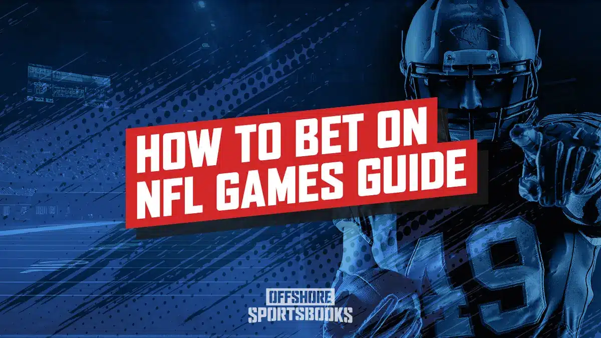 Image of How to Bet on NFL Games showing a NFL stadium on the left side of the image and an NFL player point forward on the right side of the screen.