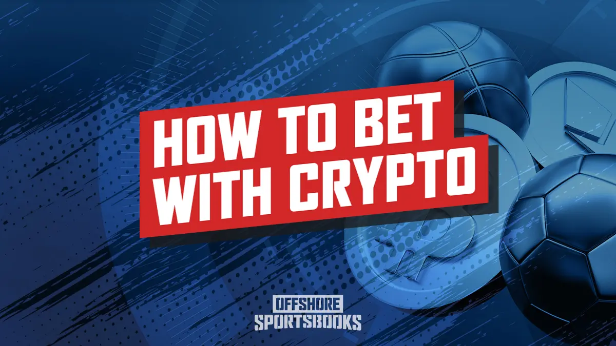 "How to Bet with Crypto" graphic showing digital coins and sports balls, highlighting crypto sports betting basics.
