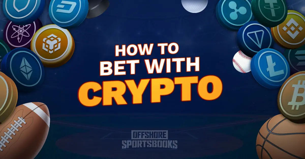 "How to Bet with Crypto" graphic showing digital coins and sports balls, highlighting crypto sports betting basics.