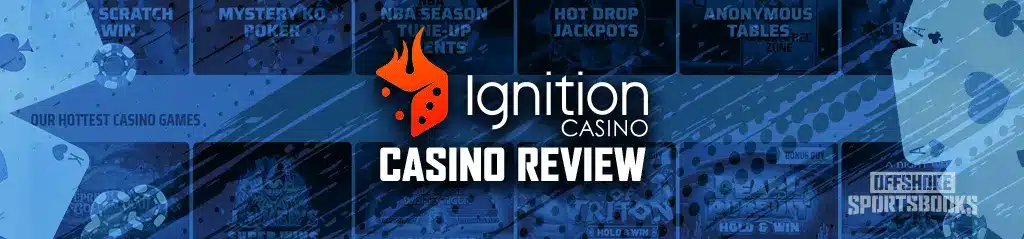 Image of Ignition Casino review. In the background there are thumbnails of casino games and on the left and right side of the image shows playing cards.