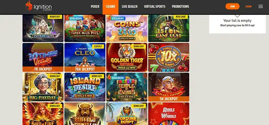 Image of Ignition Casino's game selection avaiable for players. The image shows 16 new casino game thumbnails in the center of the screen.