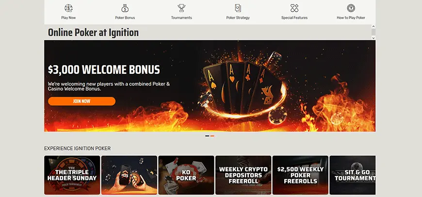 Image of Ignition Poker's welcome bonus and the different poker tournaments available for players to enjoy.