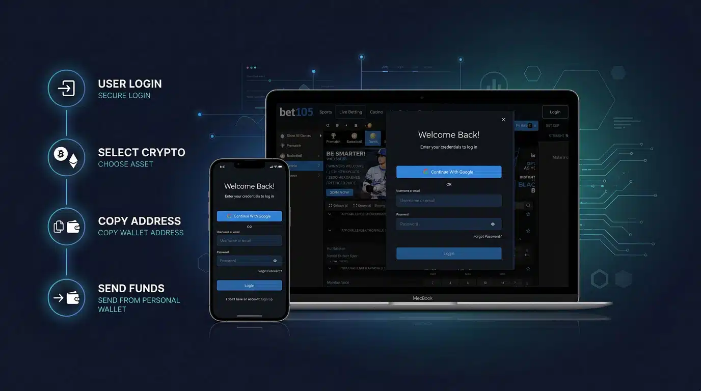 Log in screen and process steps in order to sign up on the Bet105 website on a mobile device and a desktop.
