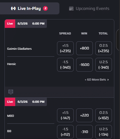 Lucky Rebel esports betting site sportsbook interface showing betting odds