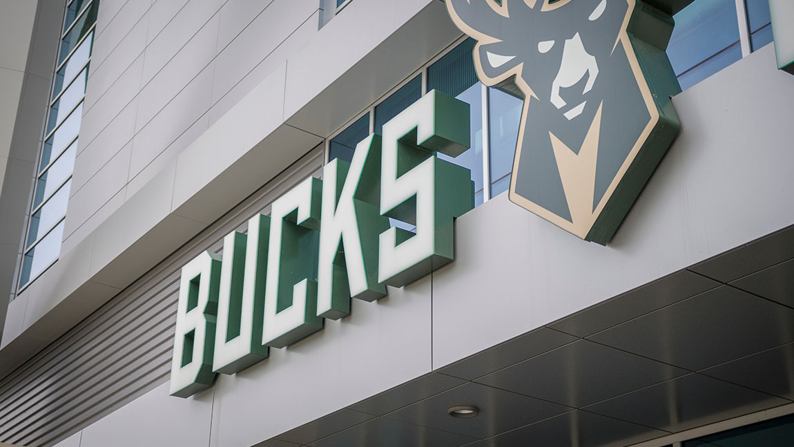milwaukee bucks logo at NBA Fiserv Forum