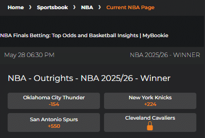 A screenshot of the NBA betting site MyBookie’s sportsbook UI and odds for a basketball game.