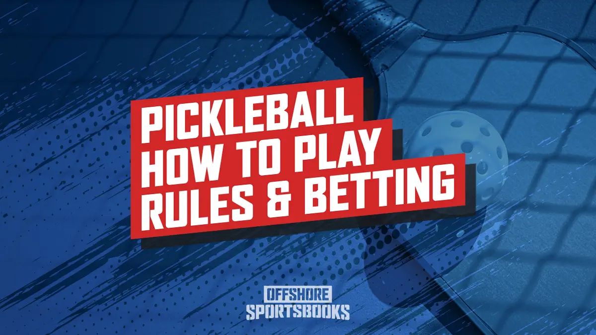 Image of Pickleball how to play, rules and betting guide. The image shows a pickelball racket and ball on the right side with a shadow of a net over the top.