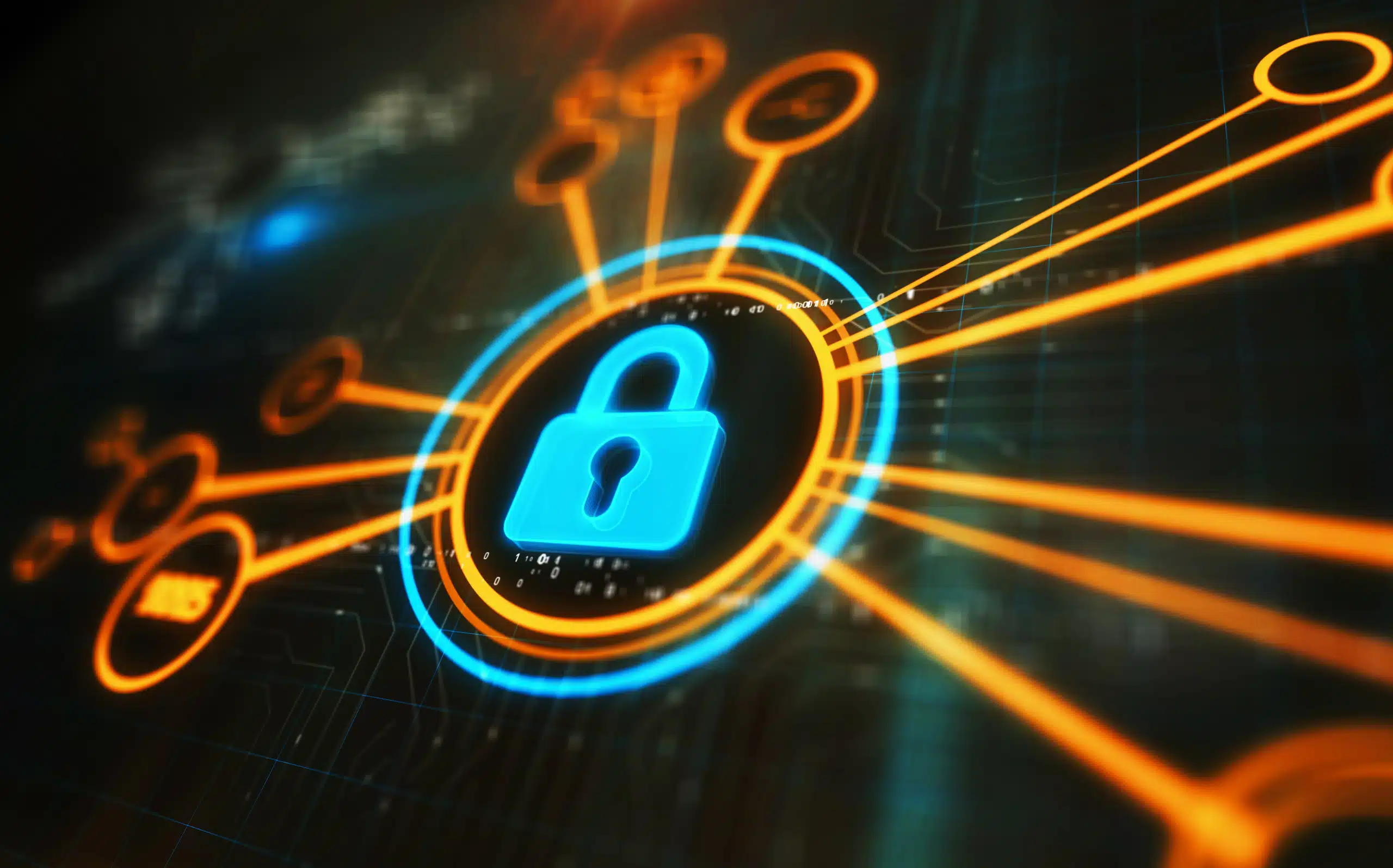 Digital illustration of a glowing blue padlock surrounded by orange network lines, symbolizing cybersecurity and data protection.