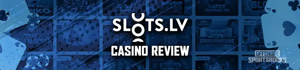 Image of Slots.LV casino review showing the Slots.LV logo, playing cards on the left and right of the screen and thumbanils displaying games available at the casino.