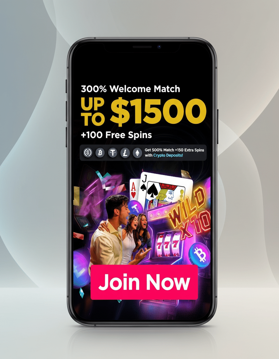 SlotsandVegas mobile casino promo offering 300% match up to $1500 and 100 free spins.