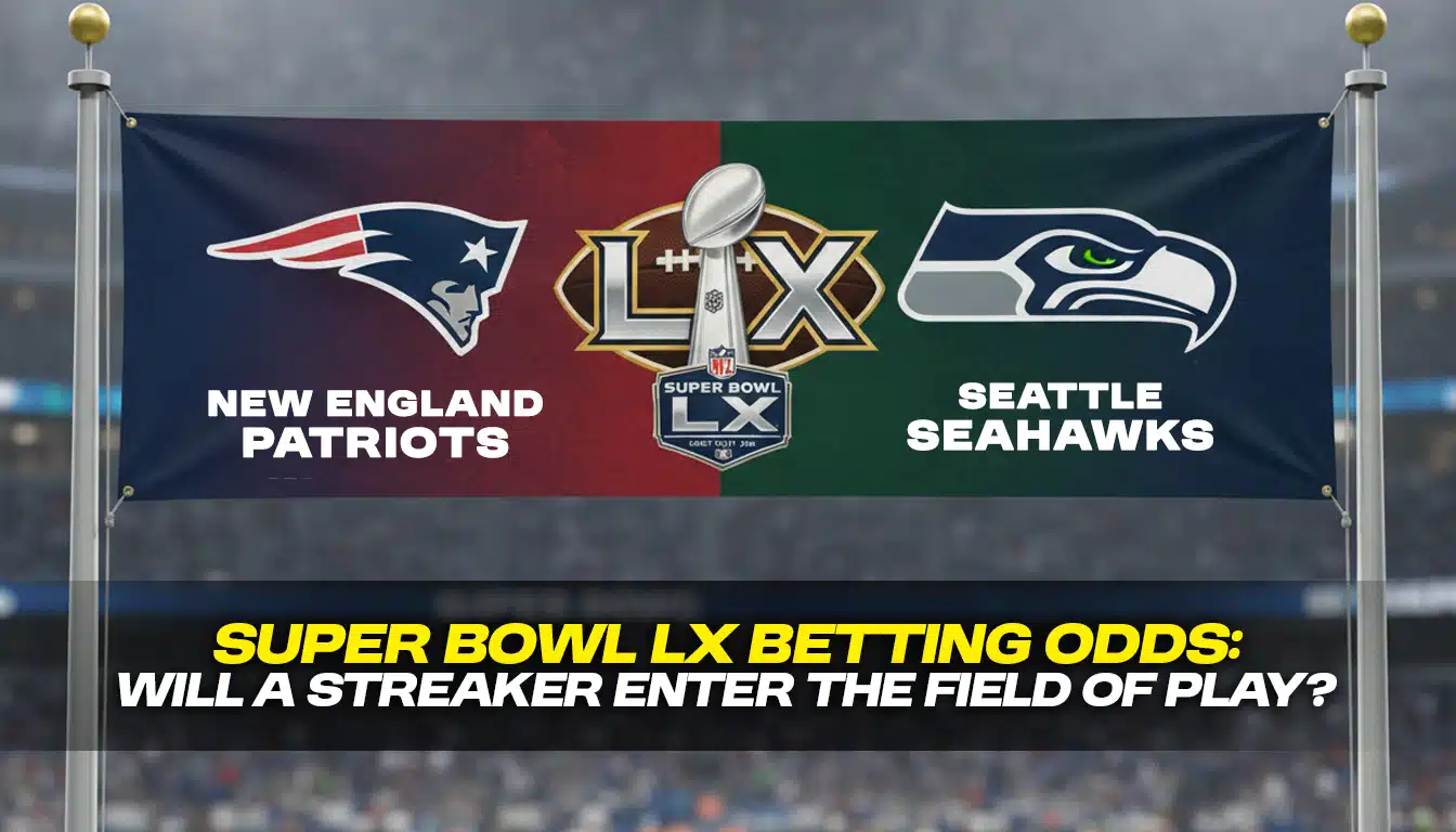 Super Bowl LX betting graphic showing New England Patriots vs Seattle Seahawks with team logos and headline asking if a streaker will enter the field.