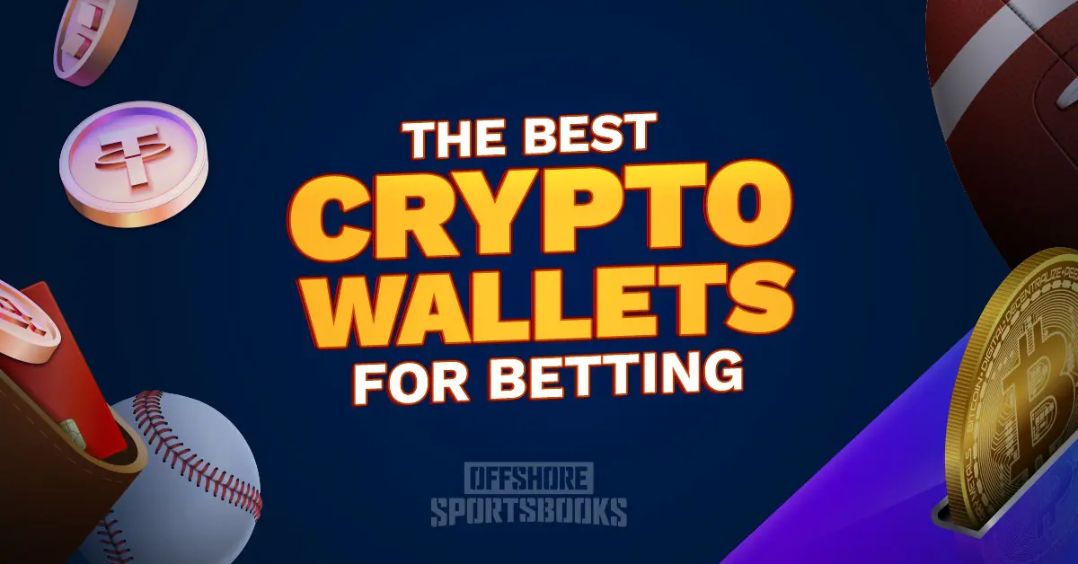 Crypto wallets for betting graphic featuring digital coins, a wallet, and sports icons like a football and baseball.
