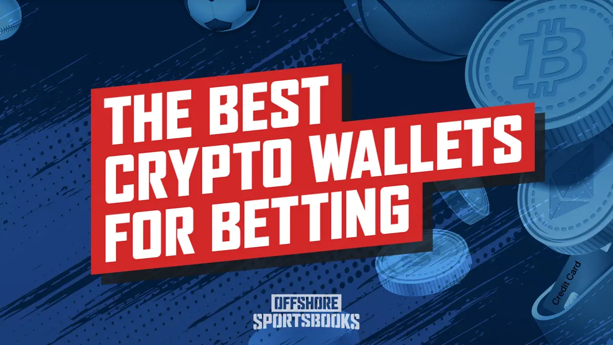 Crypto wallets for betting graphic featuring digital coins, a wallet, and sports icons like a football and baseball.