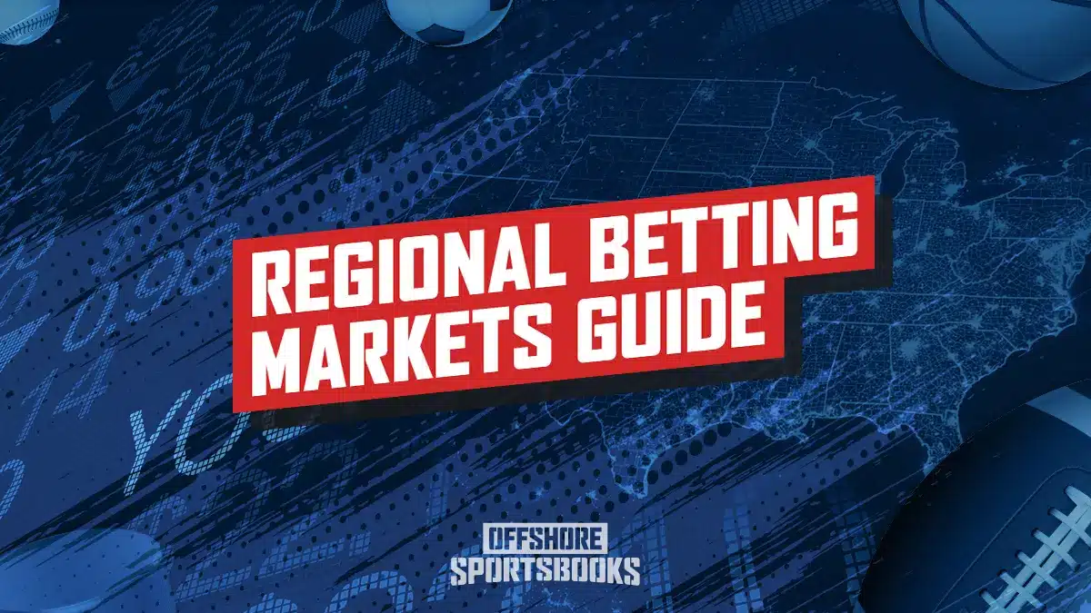 Image of Regional Betting Markets Guide, with a map of the US on the right side and digital numbers on the left, representing sport bets. There are also sports balls around the outer edge of the image.