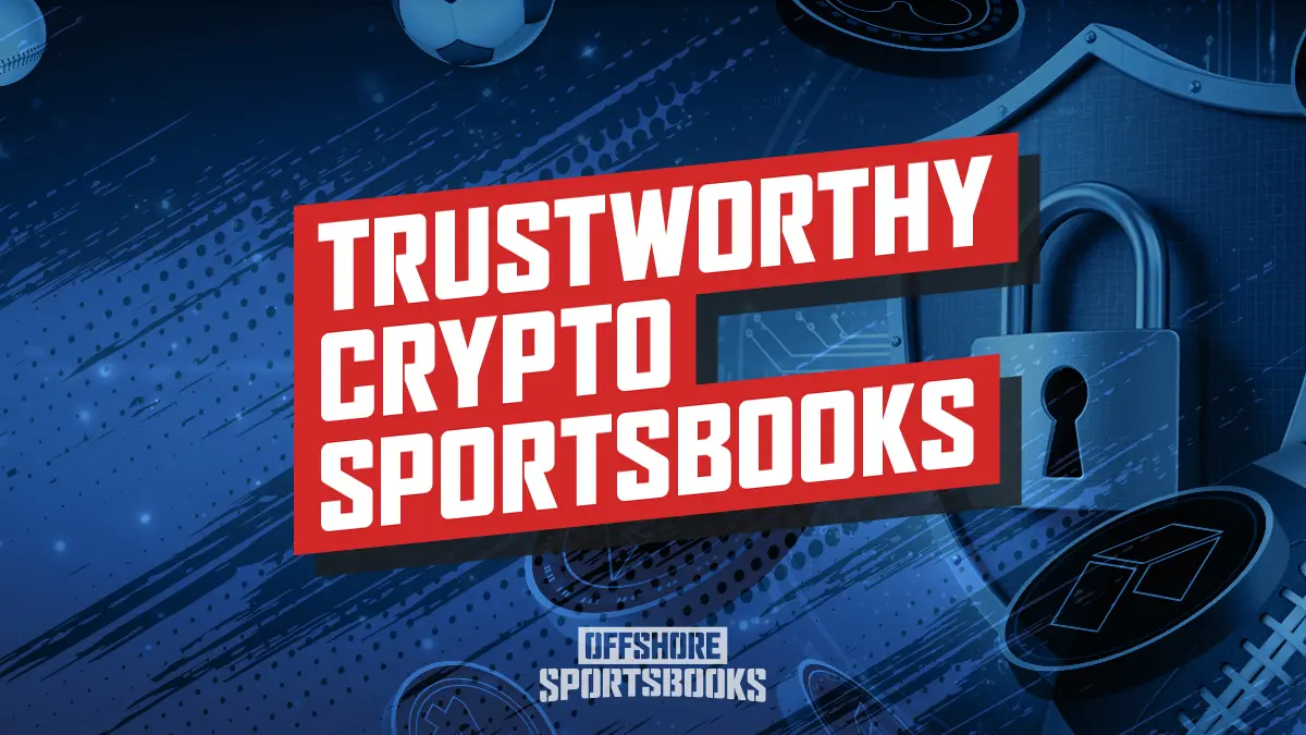 "How to Sport a Trustworthy Crypto Sportsbooks" graphic with a shield and packlock below crypto coins and sports balls, symbolizing trustworthy crypto sportsbooks.