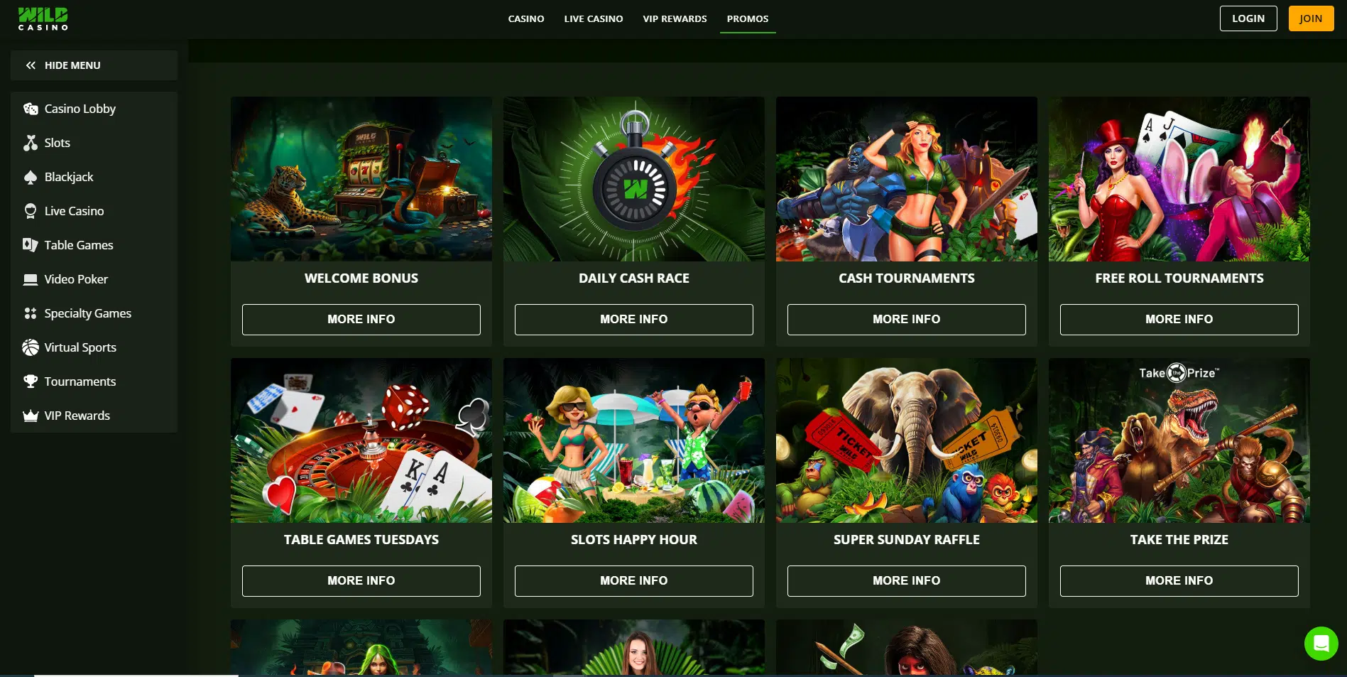 A screenshot of Wild Casino's promo page, featuring multiple different bonus types with casino related images on a dark green background