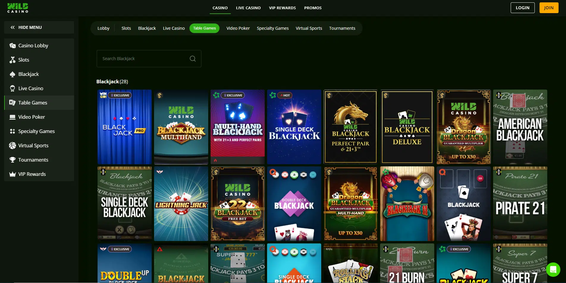 A screenshot of Wild Casino's table games page, showing various blackjack games and their casino logos